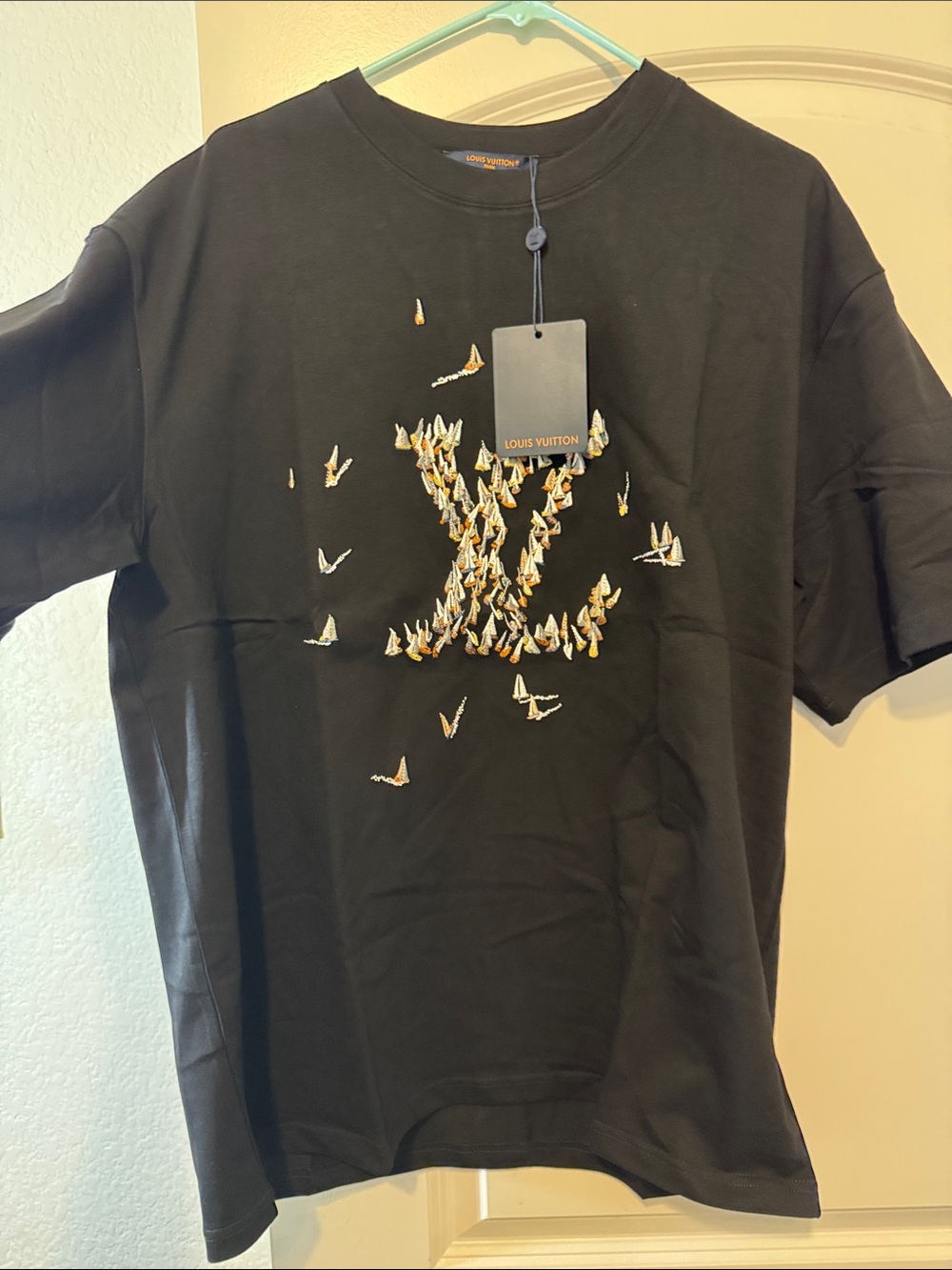 Black Tee with Multicolor Metallic Sailboat Embroidery